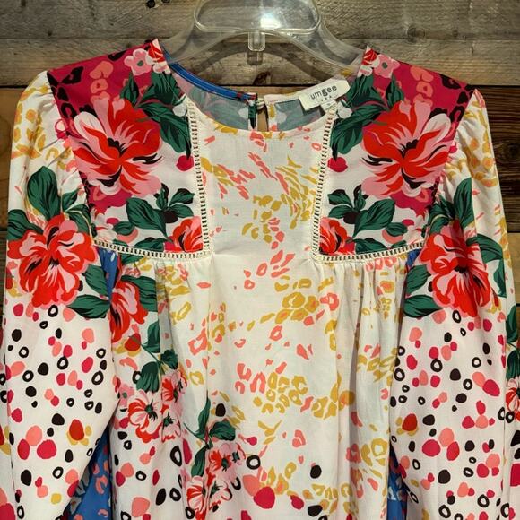 UMGEE Mixed Print Crochet Trim Dress Cream/Blue Floral Animal Print S Coquette - Picture 5 of 13